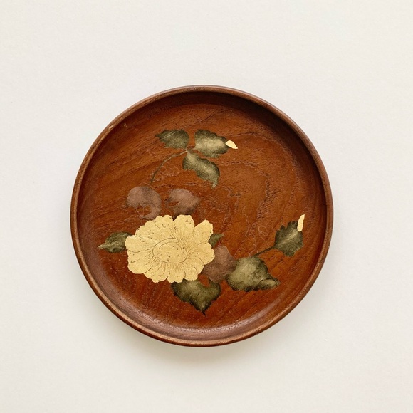 kay bojesen denmark teak mid century round plate dish hand painted golden rose - Picture 5 of 9